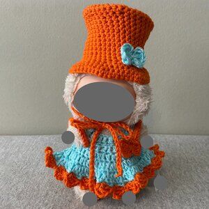 Handmade Crochet Orange Blue Top Hat Outfit for 17cm Plush Doll 2-Piece Set
